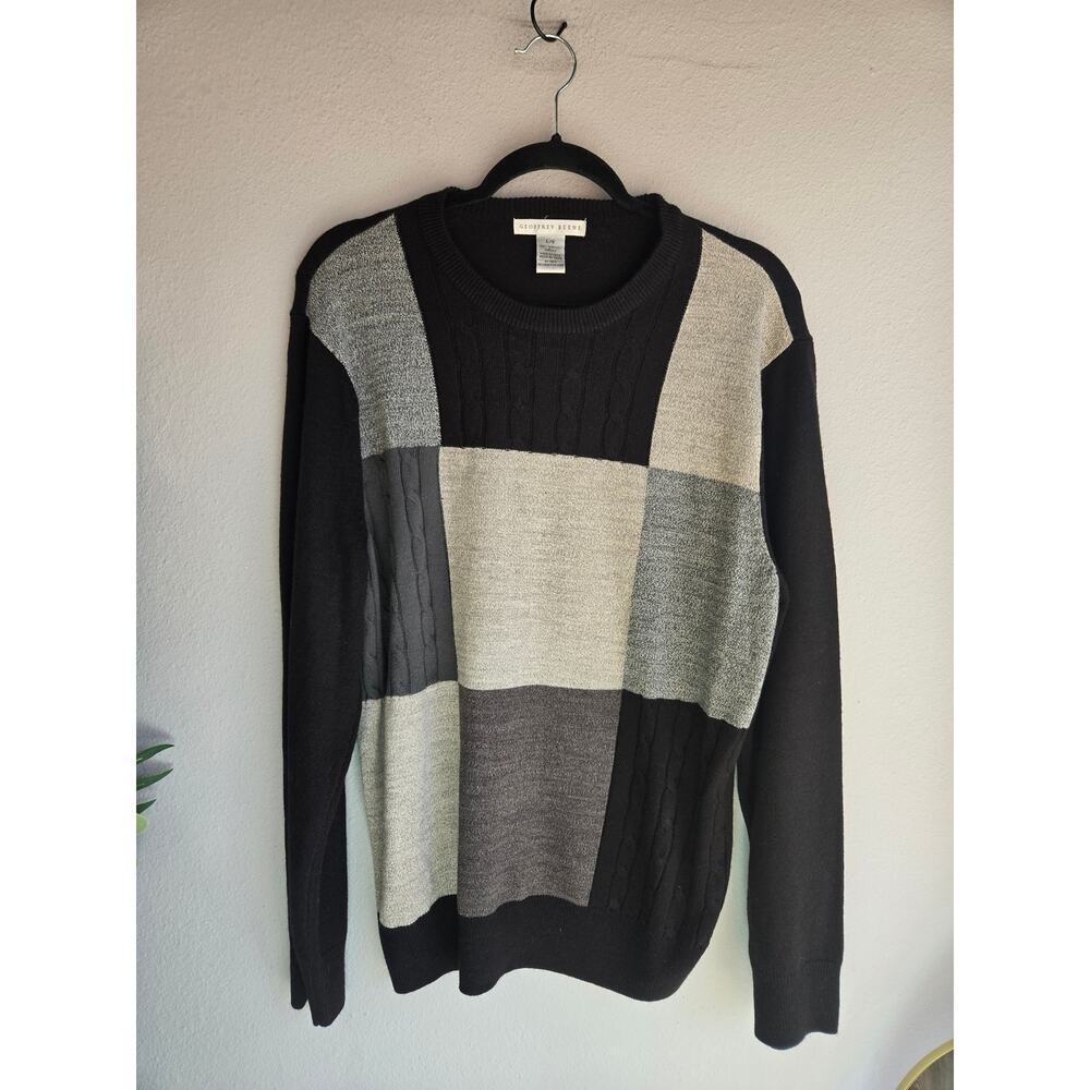 Geoffrey Beene Vintage 90s Patchwork Cable Knit Grandpa Sweater Black Grey Large - Picture 2 of 6